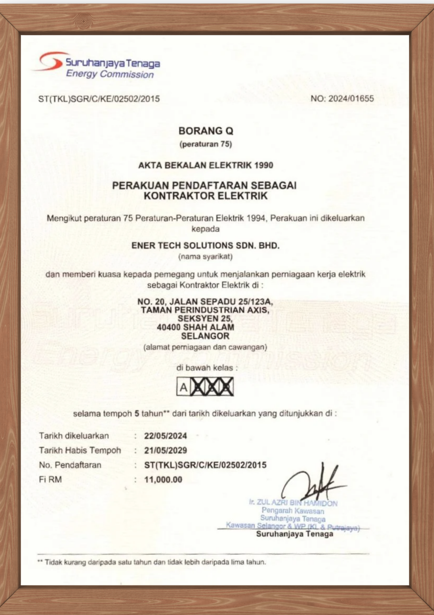 Suruhanjaya Tenaga Registration Class A Electrical Contractor