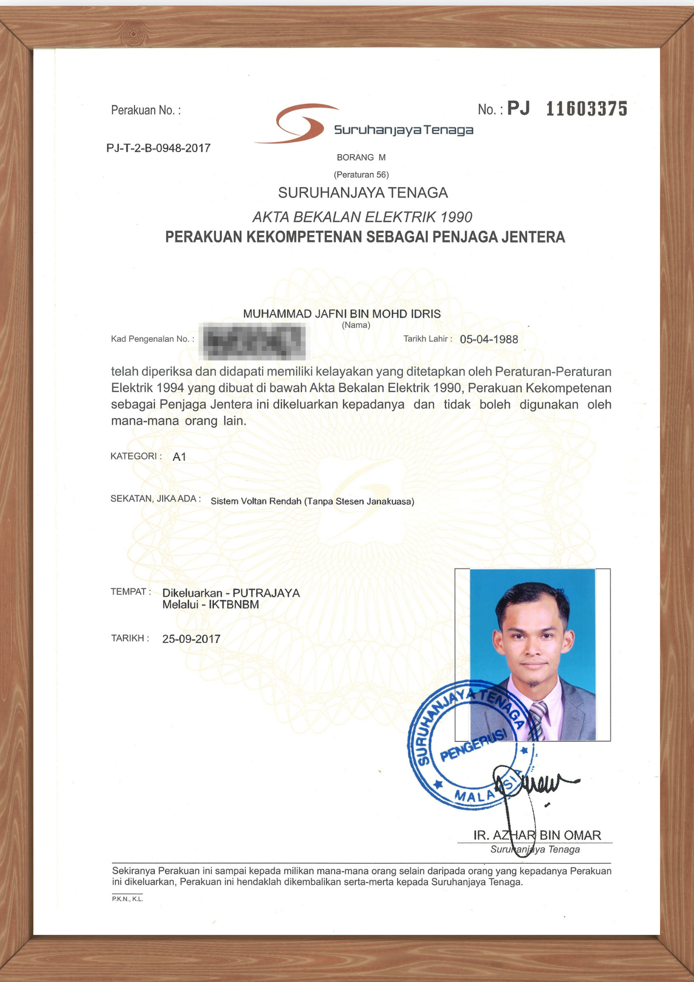 Suruhanjaya Tenaga Perakuan Kekompetenan Sebagai Penjaga Jentera A1